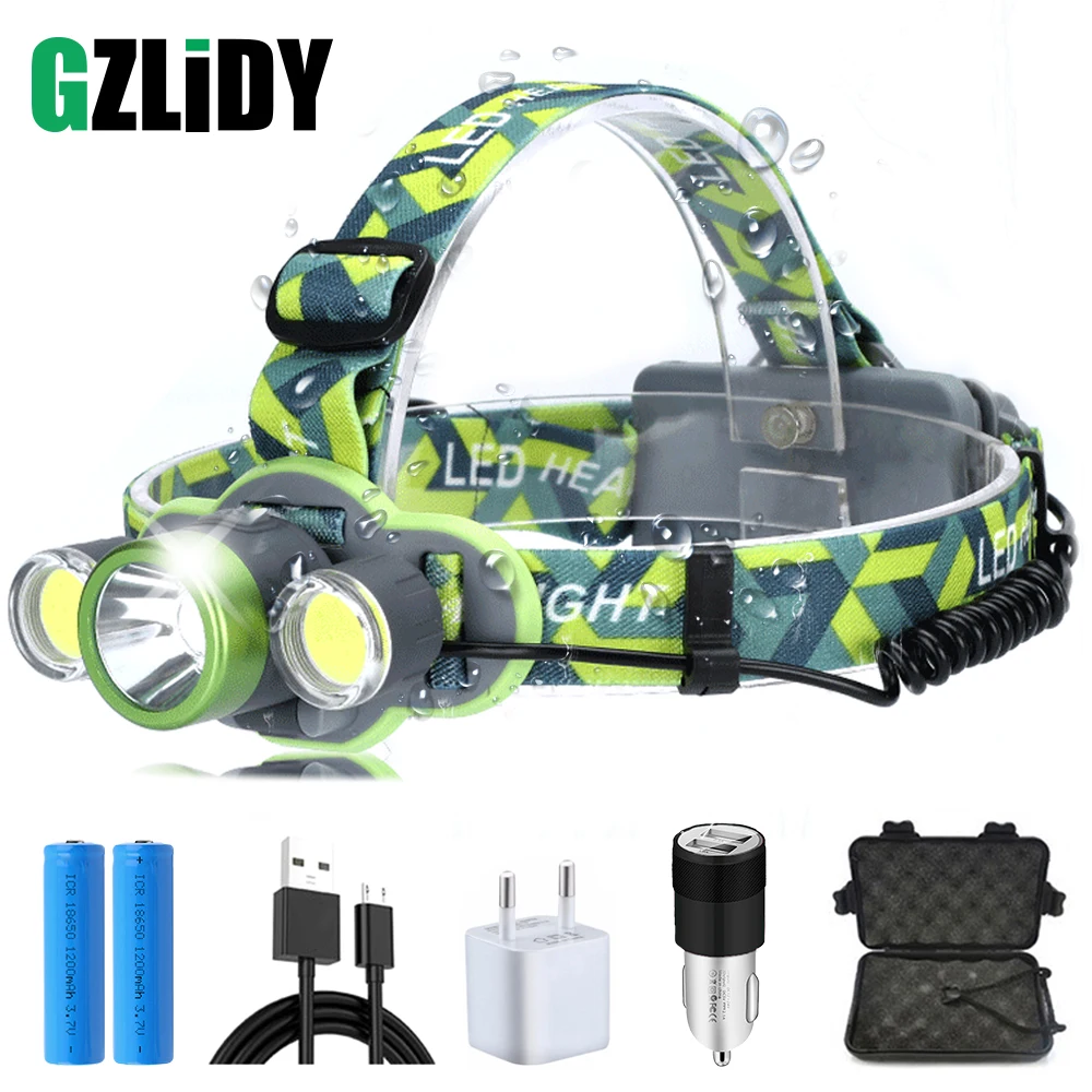 

USB charging LED headlamp super bright T6 + 2COB headlight 5 kinds of lighting mode waterproof outdoor searchlight fishing light