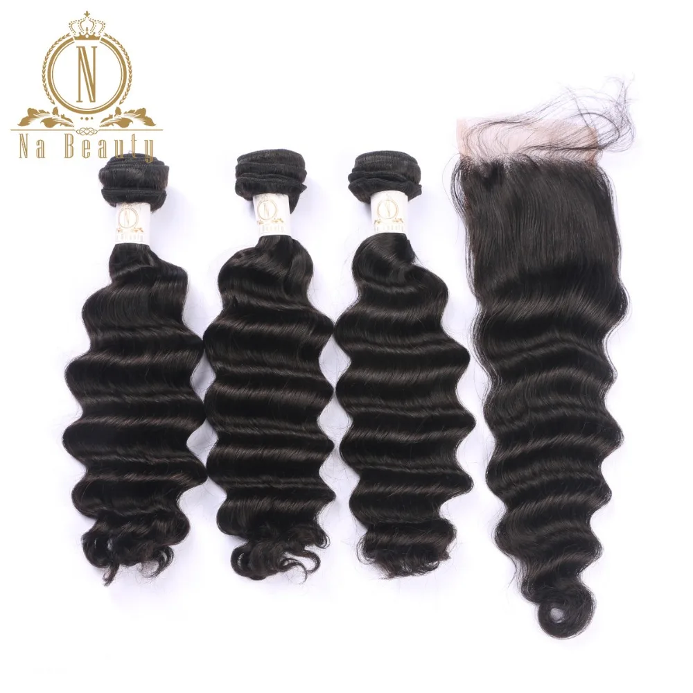 Brazilian Hair 3 Bundles With Closure Remy Hair Loose Deep Wave Natural Color Human Hair Extensions Shipping Free Na Beauty