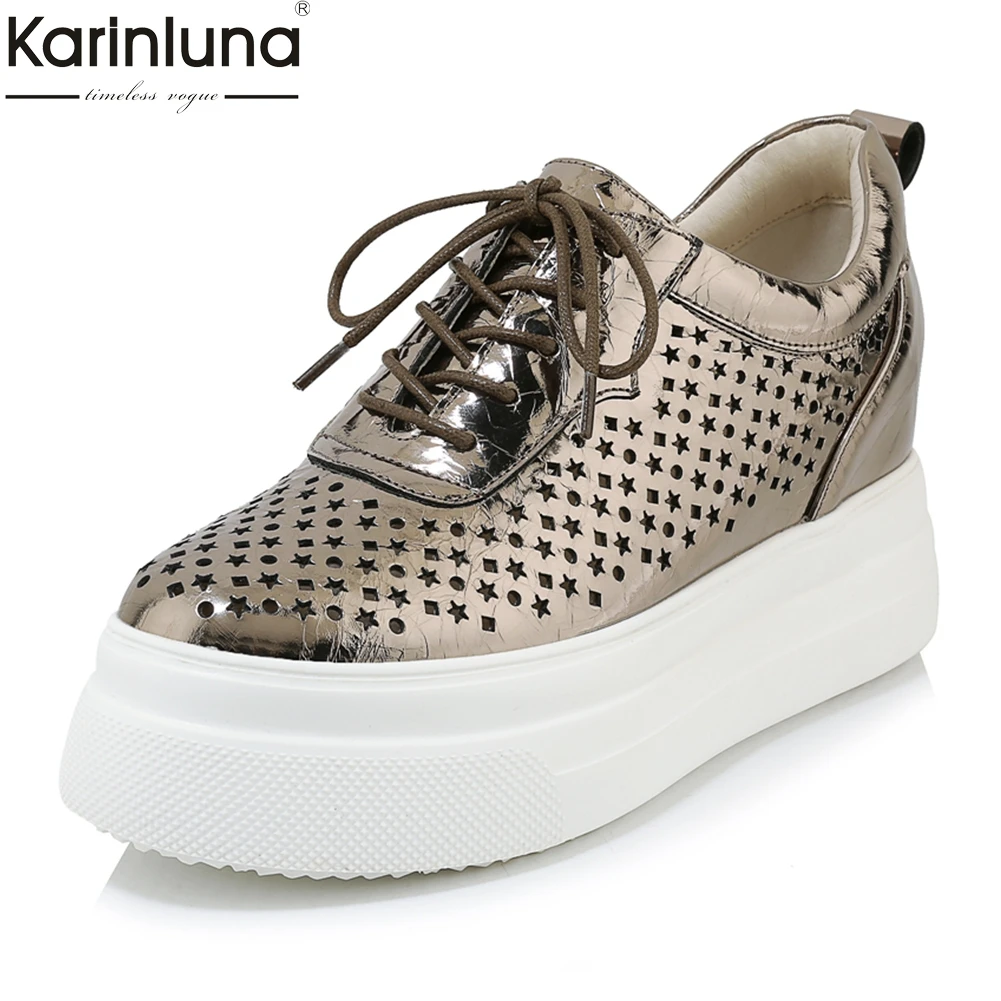 

Hollow 2019 Leisure INS Genuine Leather High Heels Vulcanize Shoe Woman Sneakers Flat Platform Summer Casual Sneaker Women Shoes