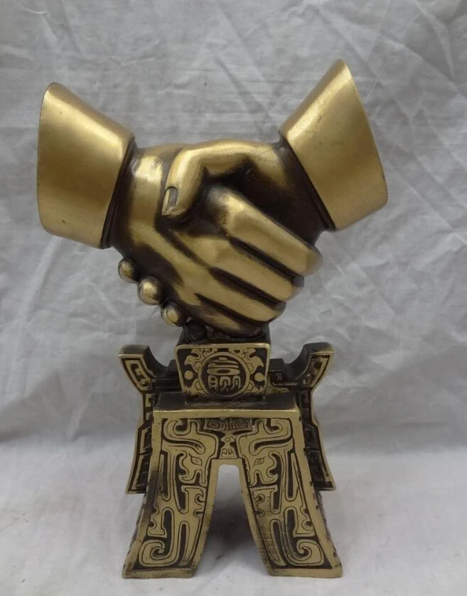 

S2913 10 Chinese Bronze Cooperate Success 2 Shake Hands Clasp Hand Statue D0318