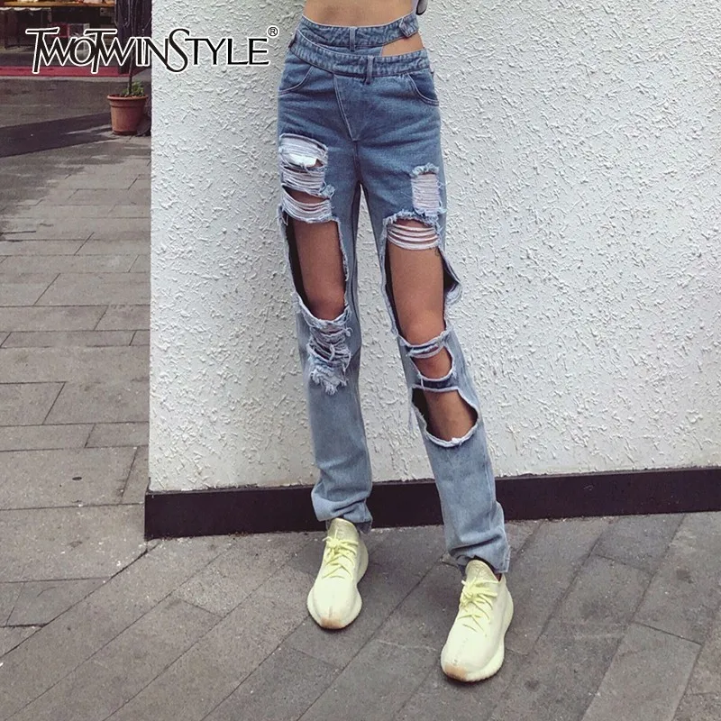 Джинсы TWOTWINSTYLE женские с высокой талией и дырками | Женская одежда