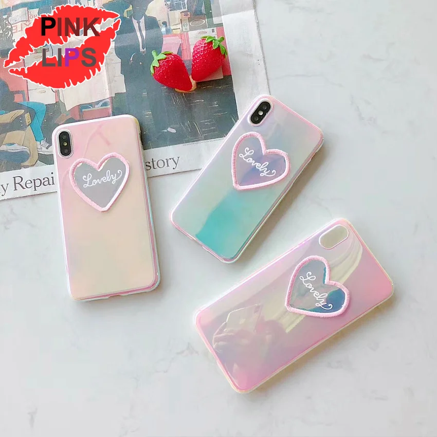 PINK LIPS Blu-Ray Love Heart Laser Mirror Phone Case For iPhone 6 6S 7 8 Plus X XS MAX XR Beautiful Soft IMD Phone Cases Fundas (7)