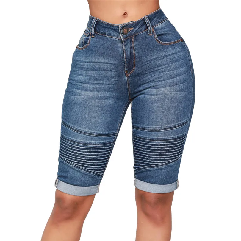 Women Mid Rise Elastic Denim Shorts Women Zip Skinny Denim Knee Length Curvy Stretch Shorts Jeans Skirt Shorts Pantalones 40MR1511