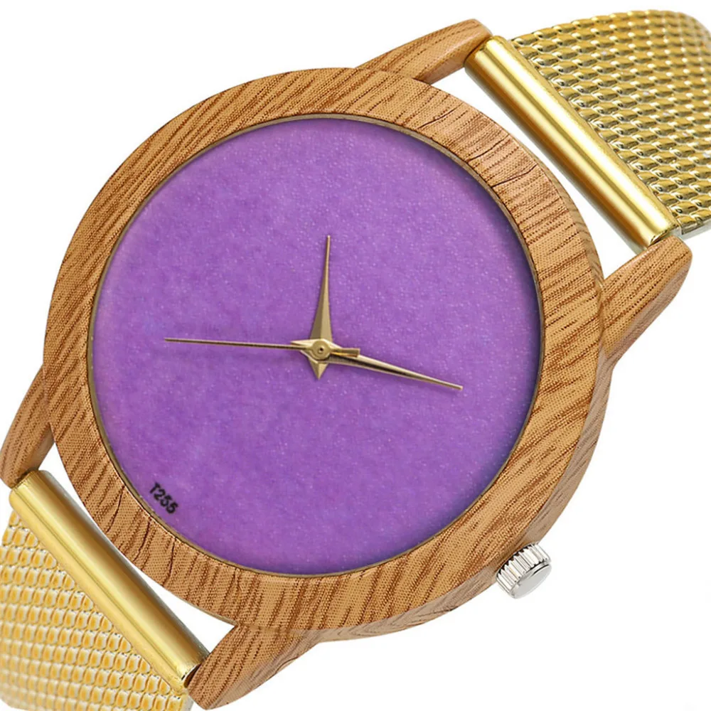 Fashion Nature Wooden Grain Leisure Minimalism Purple Dial Silicone Strap Quartz Watch Classic Casual Wrist Watch Gifts