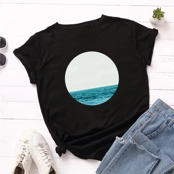 

Plus Size S-5XL New Sky Sea Print TShirt Women Shirts 100%Cotton O Neck Short Sleeve Summer T Shirt Tops Women T-shirt