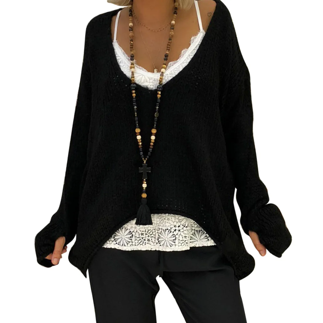 2018 Casual Women Loose Knitted Sweaters Autumn Winter V Neck Irregular Crochet Jumper Half Glove Female Oversized Pullover Tops | Женская