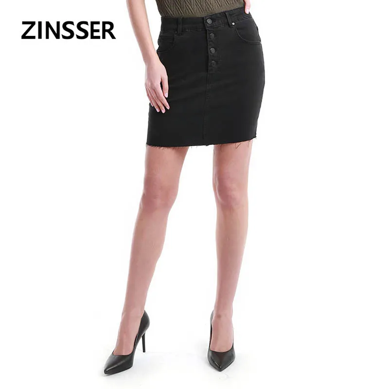 

Autumn Winter Women Denim Basic Skirt Stretch Slim Raw Frayed Bottom Front Button Elastic Washed Black Female Lady Skirt