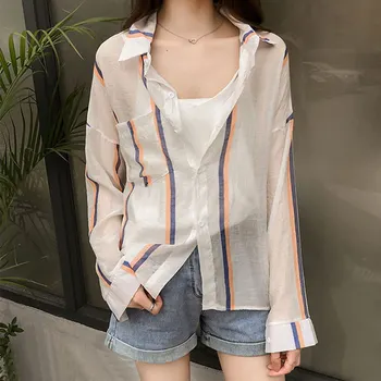 

Women Striped Print Loose Shirts Blouses Summer Chiffon Blouse Long Sleeve Lapel Blouse
