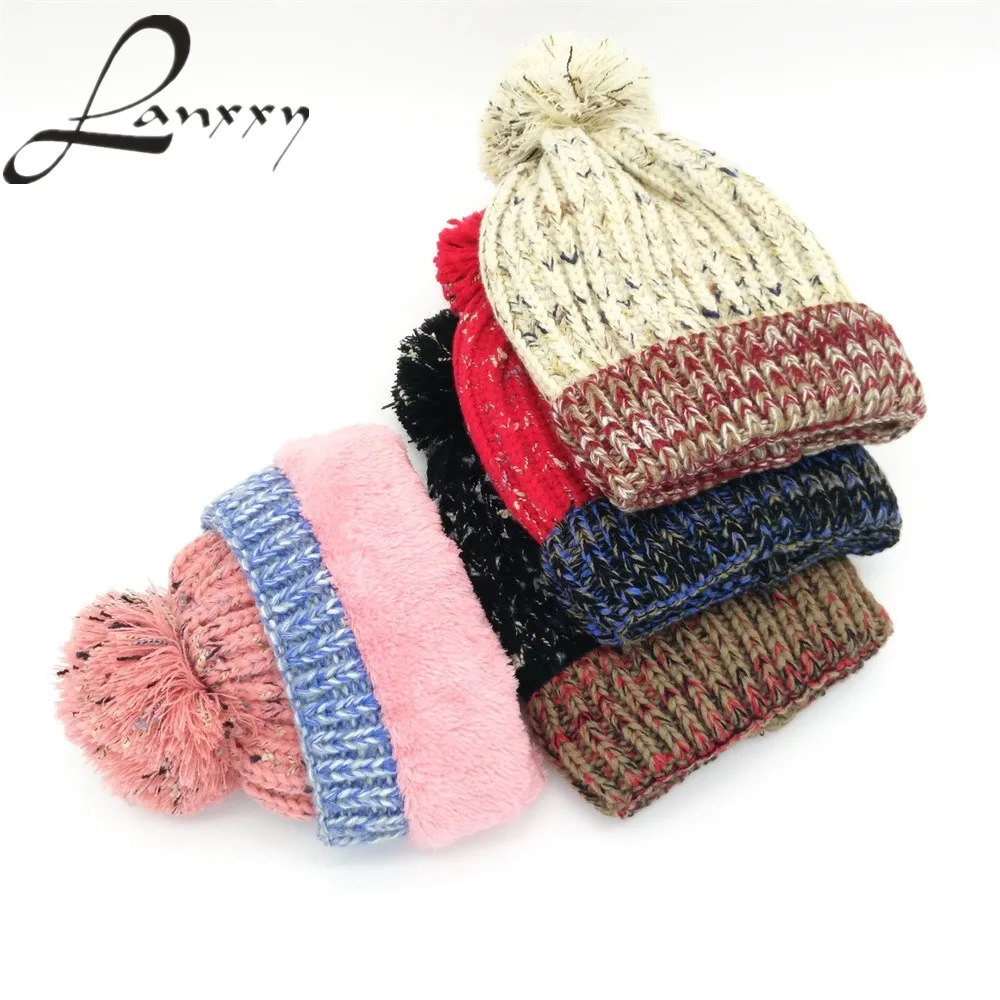 

Lanxxy 2016 New Warm Skullies Beanies for Women Girls Knitted Winter Cap Pompom Hat Thicker Bonnet Gorro Hats for Women