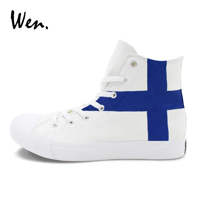 

Wen White Sewing Canvas Sneakers Original Design Blue Cross Finland Flag Hand Painted Shoes Men Women High Top Laced Plimsolls