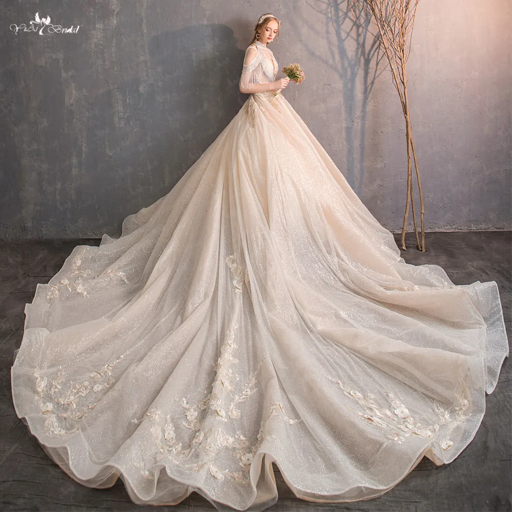 Lz250 New Design Real Picture Royal Train Wedding Dress Glitter