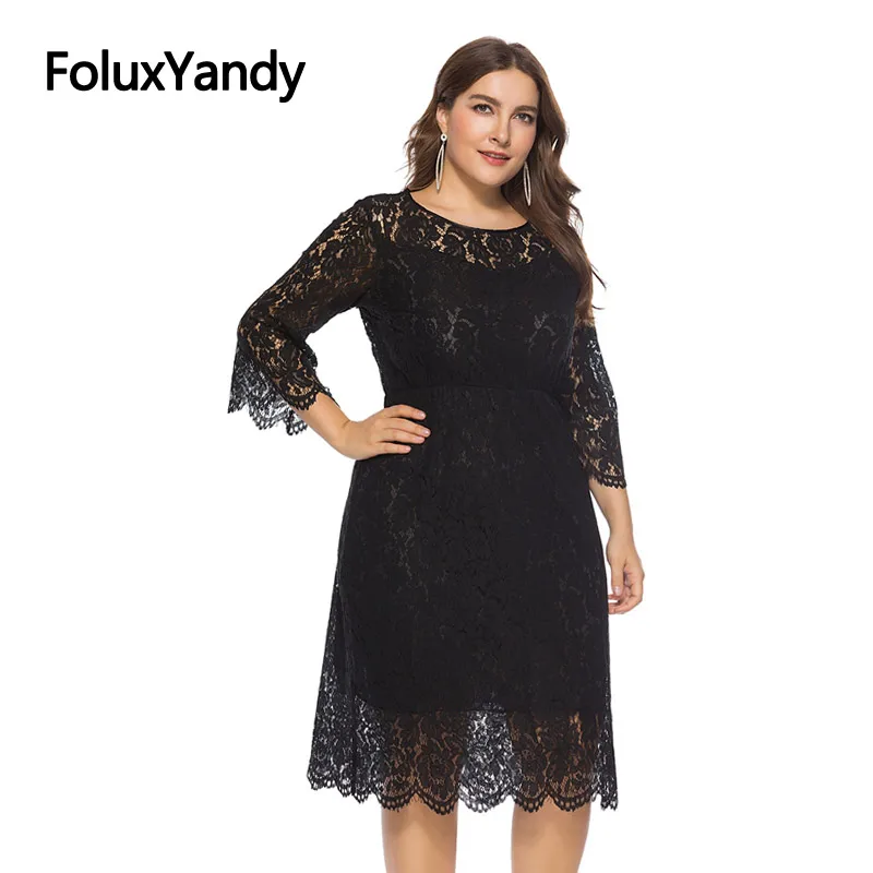 

Transparent Lace Dress Knee-length Vestidos Women Plus Size O-neck Three Quarter Flare Sleeve Slim A-line Dress SQQ1901
