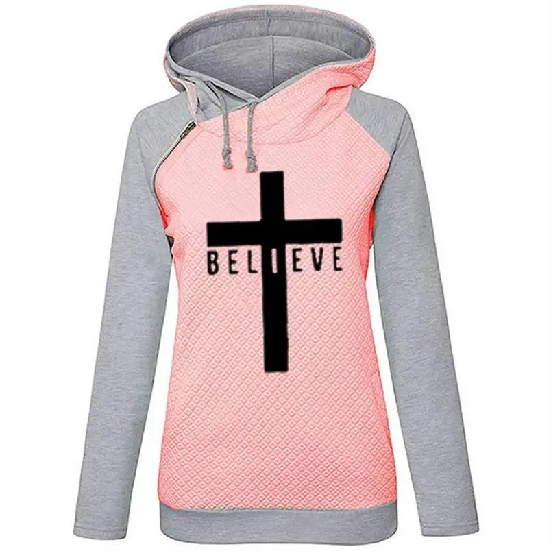 Hoodies For Women Zipper Decoration Believe Letters Print Sweatshirts Hoodies Women Tops Pattern Funny Pockets Thick Plus Size