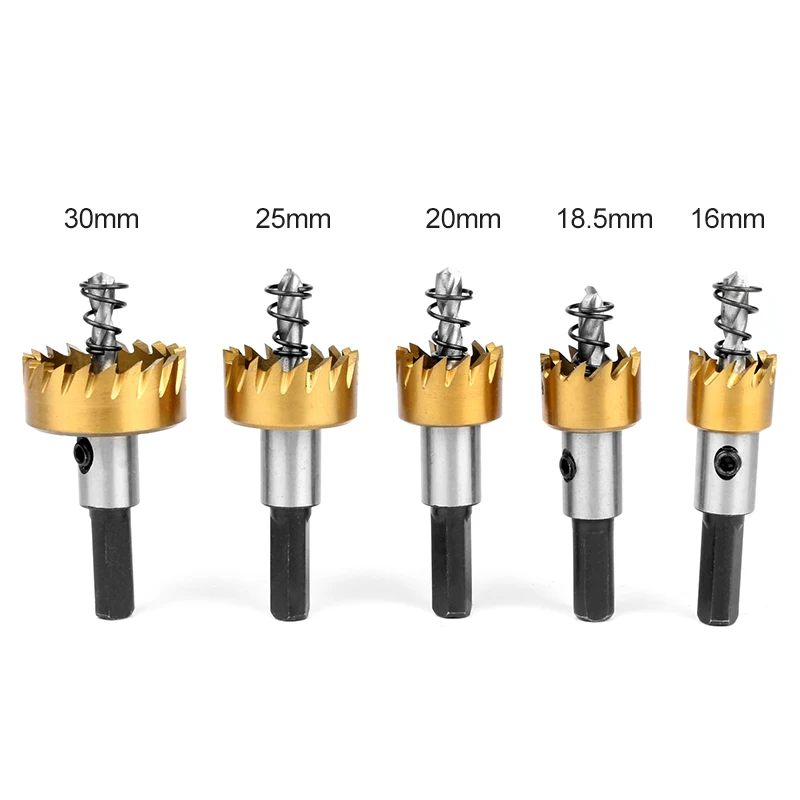 

Hot 5Pcs HSS Titanium Twist Drill Set Hole Saw Stainless Steel Aluminum Iron Tools 16 / 18.5 / 20/25 / 30mm W / 5 Wrenches