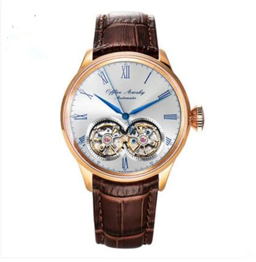 Awsky Men Automatic Mechanical Watch Double Flying Wheel 24Jewels Sapphire Genuine Leather Tourbillon Watch Luxuy Gift