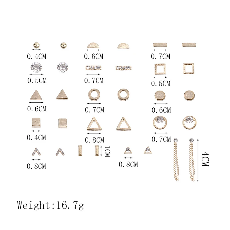 16 пар/уп., геометрические серьги-гвоздики, набор, полукруг, квадратный треугольник, кристальная цепочка, Модная Золотая серьга для женщин, ювелирное изделие