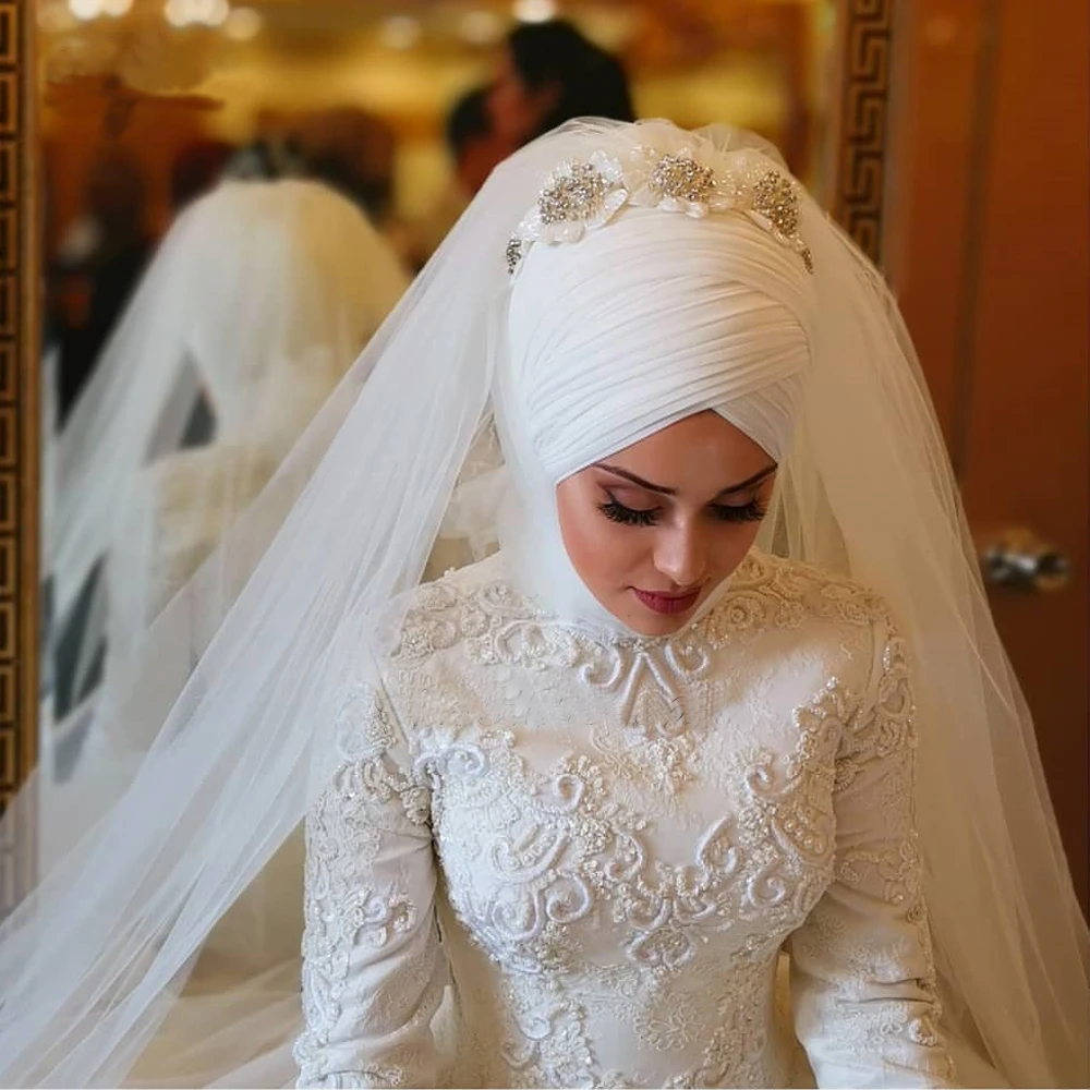 Vestido De Noiva элегантное мусульманское свадебное платье с длинным рукавом и круглым вырезом, фатиновое платье на молнии сзади, кружевные исламские Свадебные платья