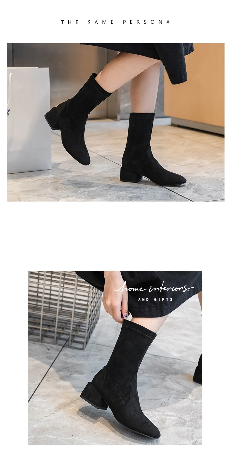 INS/, женские сапоги до середины икры обувь из флока и эластичной ткани женская обувь с квадратным носком размера плюс 22-26 см Дамская обувь