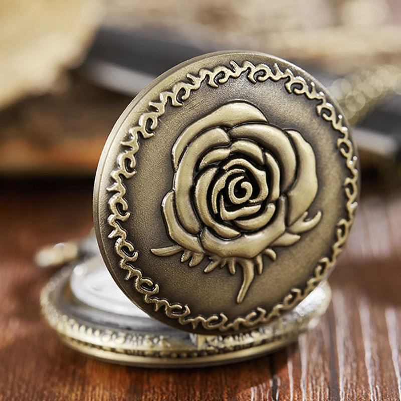 Flower Rose Pocket Watch Fob Clock with Chain Blossom Engraved Clock Men Blossom Bronze Case Watch Vintage Watches for Men Women