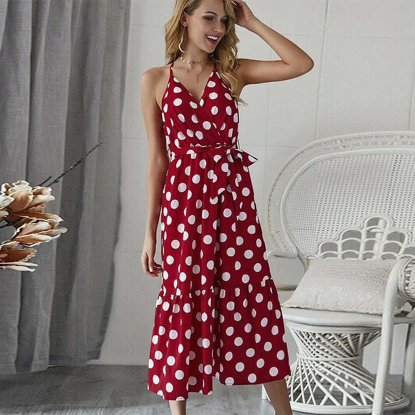 

Sexy V-Neck Dot Print Women Dress Long Backless Sleeveless Sashes Female Dress Summer Style Fashion Party Casual Beach Clothing