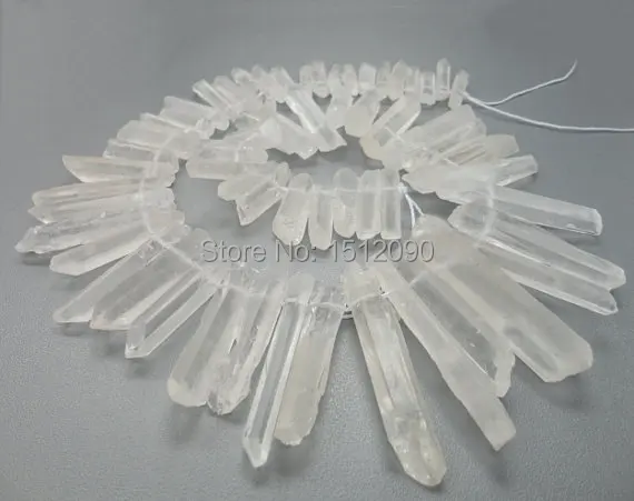48Pcs/strand Natural Raw Clear White Quartz Crystal Point Pendant,Tusk Bead,Top Drilled Stone Spike Jewelry 6-8x22-48mm