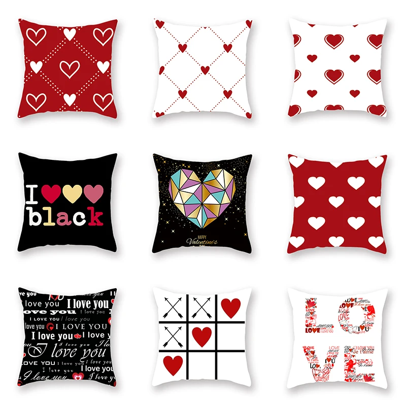 Valentine's Day Red Love Pillow Case Black Geometric Printed Cushion