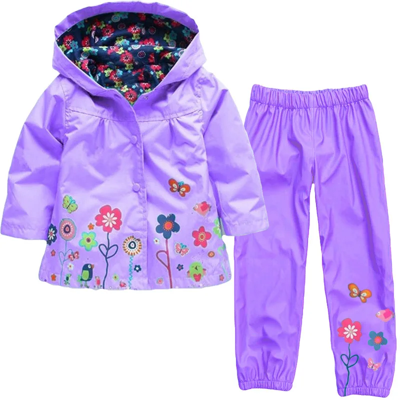 Весенний комплект с защитой от ветра для маленьких девочек, плащ на молнии с капюшоном, комплект одежды для детей, куртка для мальчиков, верхняя одежда Детский костюм одежда с цветочным принтом для детей возрастом от 2 до 6 лет - Цвет: Purple