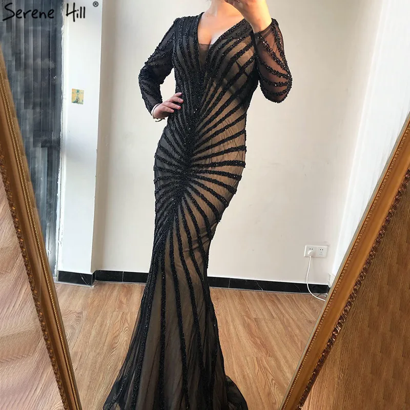 Дубай, роскошные черные вечерние платья с v-образным вырезом, Русалка,, длинный рукав, тюль, бисер, кристалл, вечерние платья, настоящая фотография LA70183