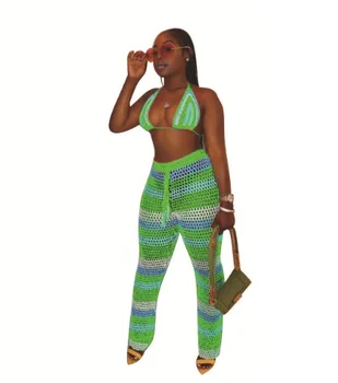 

Add color amazon international women's fashion personality grid print stripe halter sleeve two-piece set H9572 women set