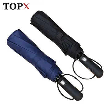 

TOPX Big Leather Handle 10 Rib Strong Automatic Umbrella Rain Women Wind Resistant Men Black 3Folding Male Umbrellas Paraguas