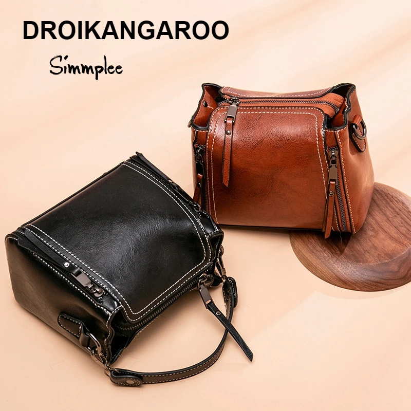 

New genuine cowhide ladies'bag retro-style ladies' fashionable one-shoulder handbag with sloping bag and bucket bag