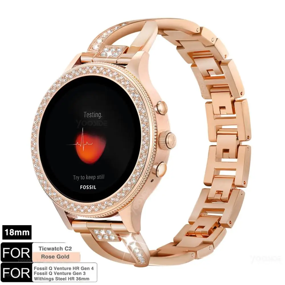 Для Ticwatch C2, розовое золото, 18 мм, быстросъемный металлический ремешок из нержавеющей стали для часов, браслет для Fossil Q Venture Gen3/Gen4 HR