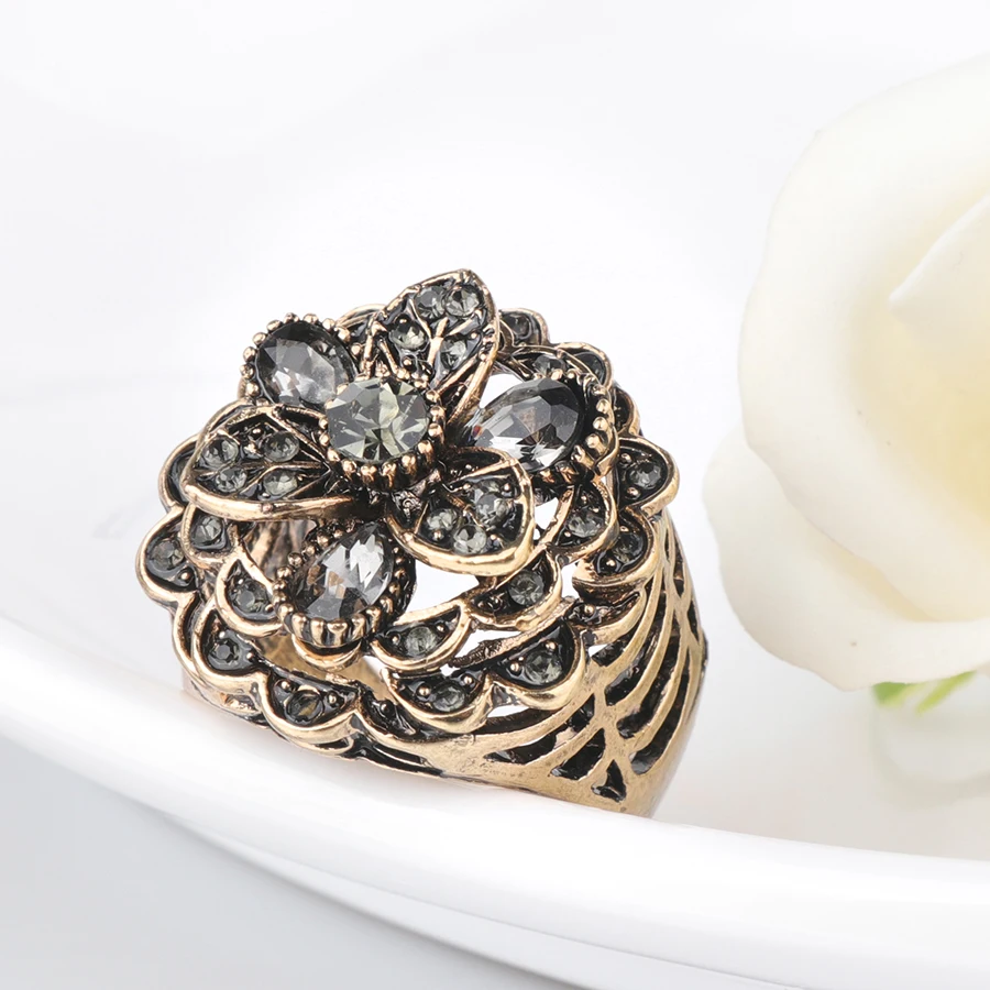 Kinel роскошное серое Кристальное цветочное кольцо для женщин античное Золотое винтажное ювелирное изделие вечерние аксессуары Подарки Новинка