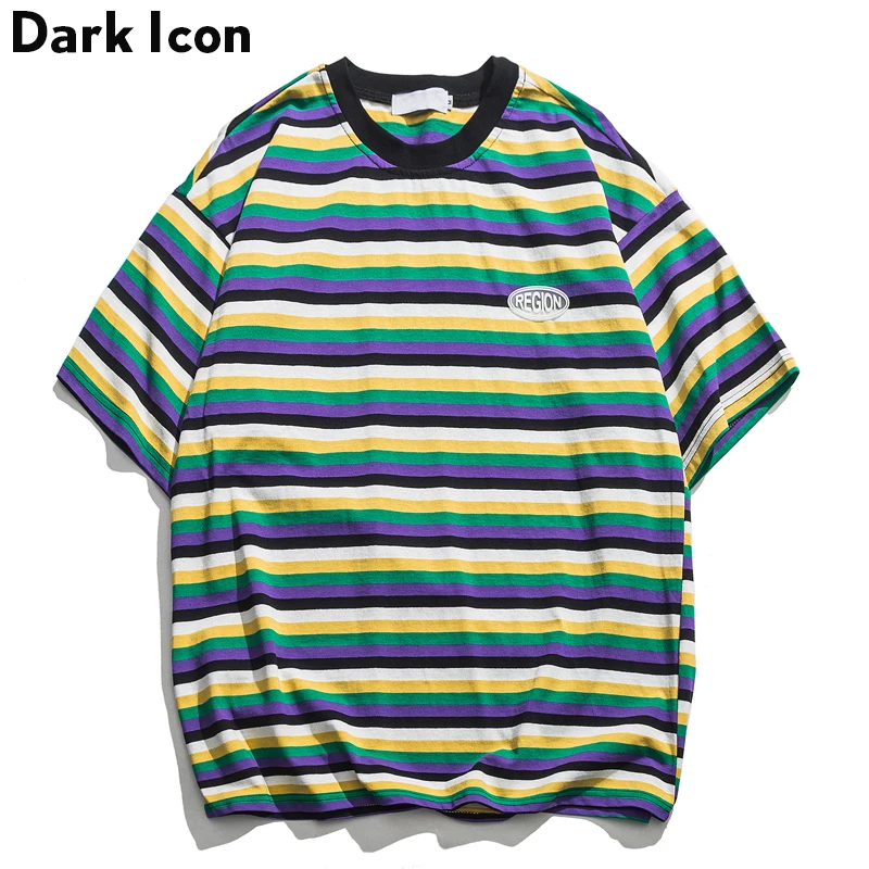 

Dark Icon Off-shoulder Striped Oversize T-shirt Men Crew Neck Simple Style Basic Men's Tshirts Short Sleeved Cotton Tee Shirts