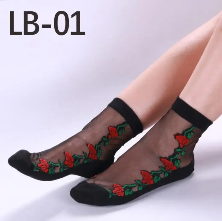 YRRETY, модные тонкие женские короткие носки с хлопковой подошвой, летние кружевные короткие носки, женские нескользящие прозрачные стильные носки с прозрачным стеклом - Цвет: Black four roses