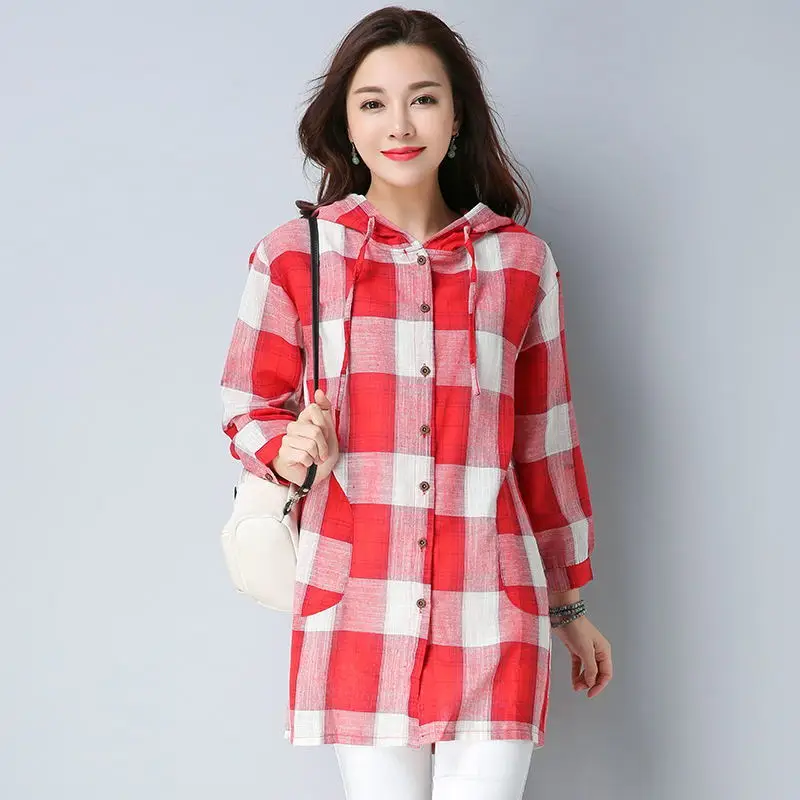  #3005 Plaid Hooded Shirt Women Long Sleeve Casual Cotton Linen Long Tunics Women Loose Elegant Plai