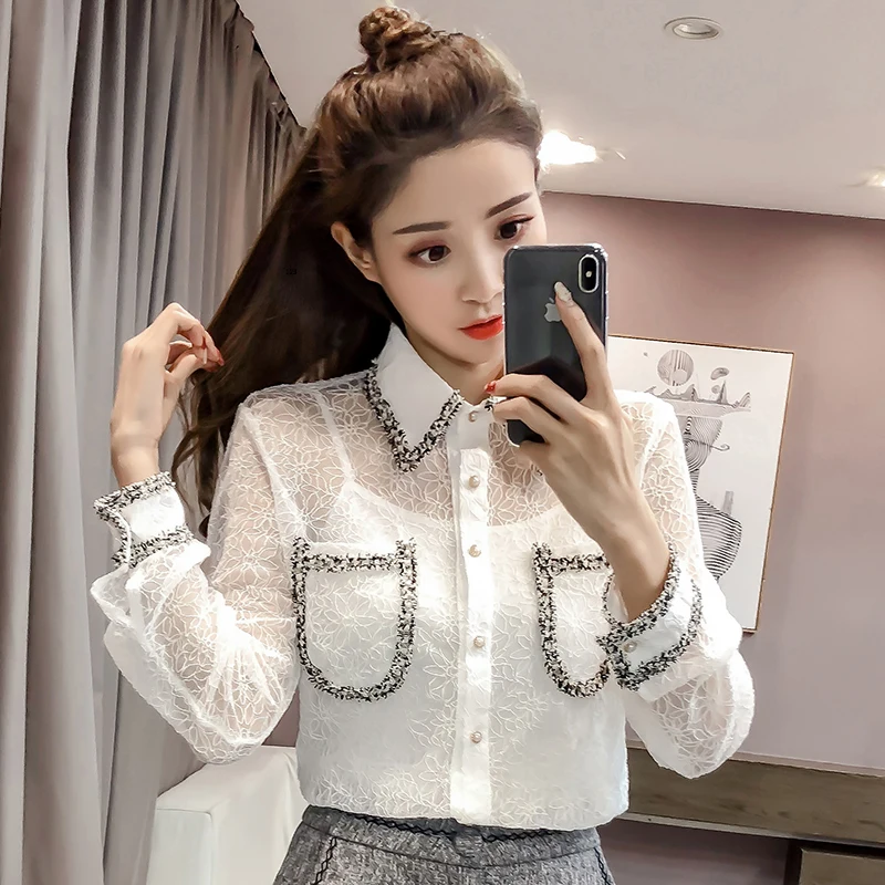 2022 Spring Long Sleeve Hollow Out Lace Shirts Women Transparent See-through Lace Blouses Women Office Work Lace Blouses Tops