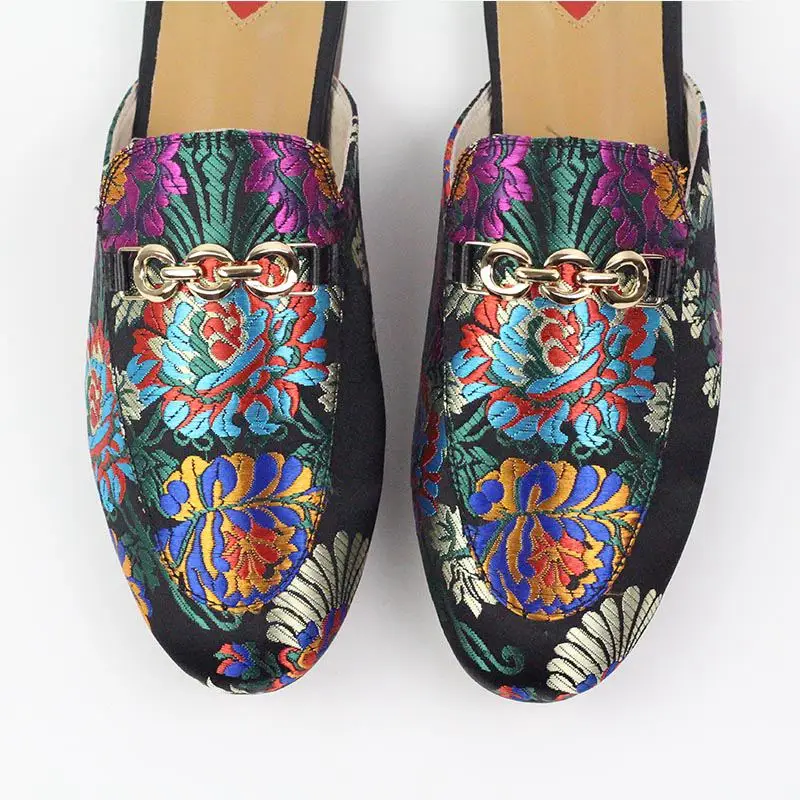 2020 genuine leather brand summer shoes slip on large size embroidery flat with slingback outside slippers metal chains mules