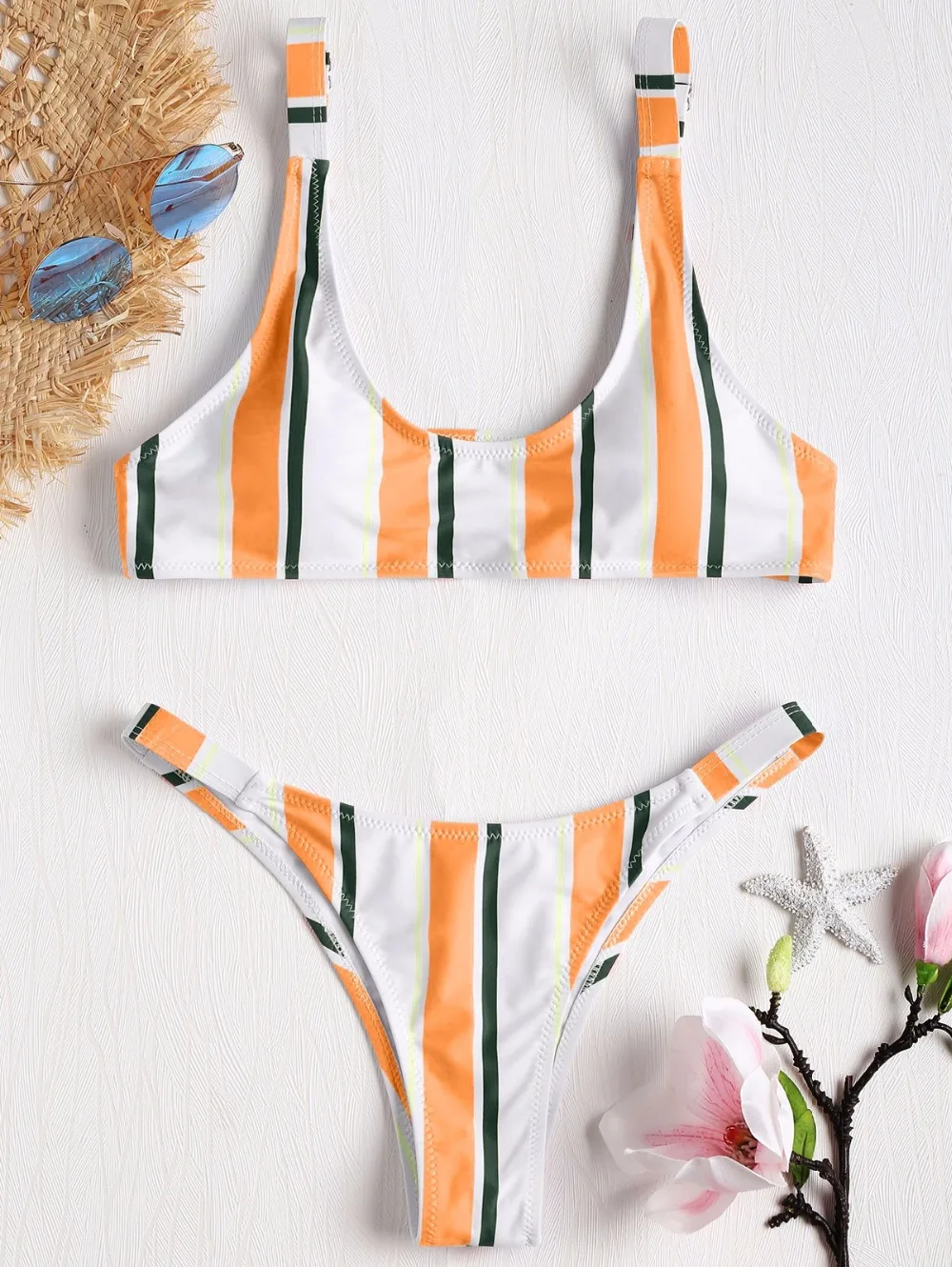 2018 Women High Cut Bikini Striped Caged Bralette Bikini Set Hollow Out