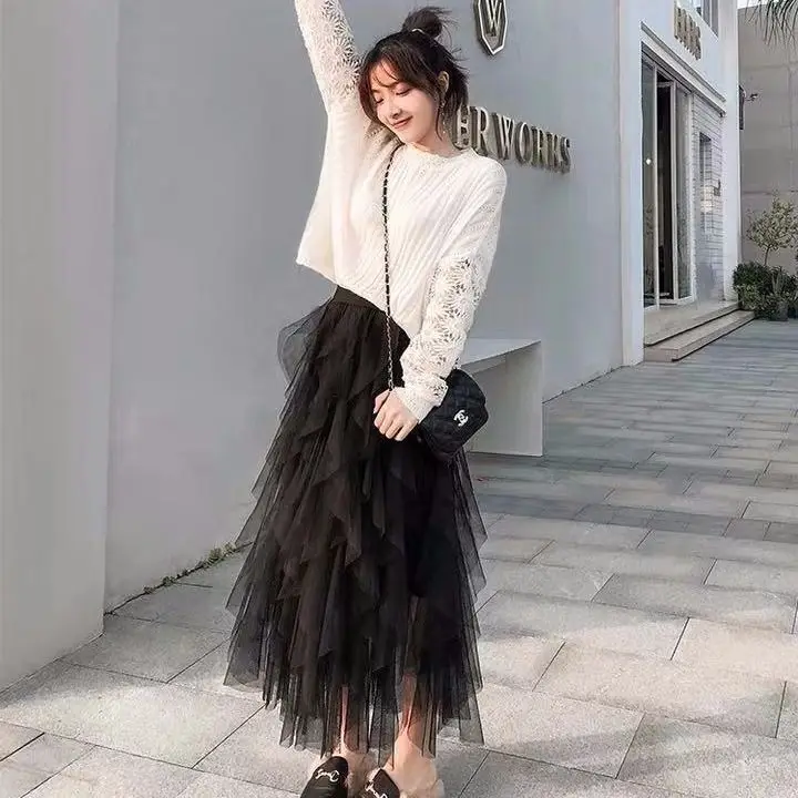 Vangull Tutu Tulle Skirt Women Long Maxi Mesh Skirt 2019 New Spring Summer Korean Black Pink High Waist Pleated Skirt Female