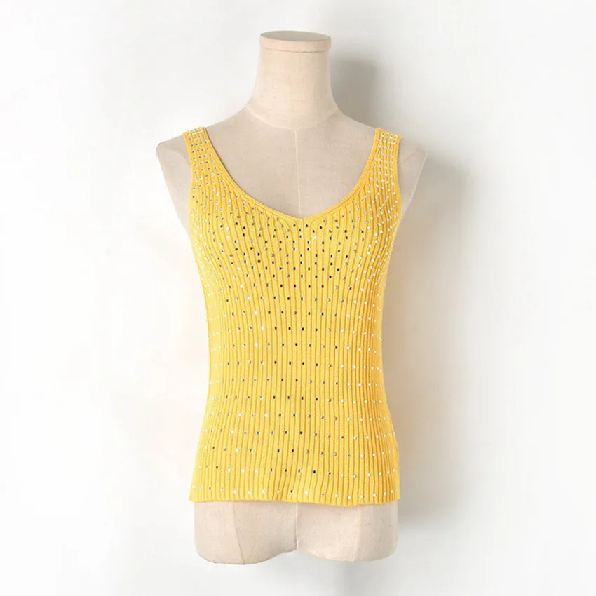 Summer Elegant Sequined Knitted Tops Women Sleeveless Sexy Knitting Tank Top T-Shirt Brand Runway T Shirt Tee Shirt Femme