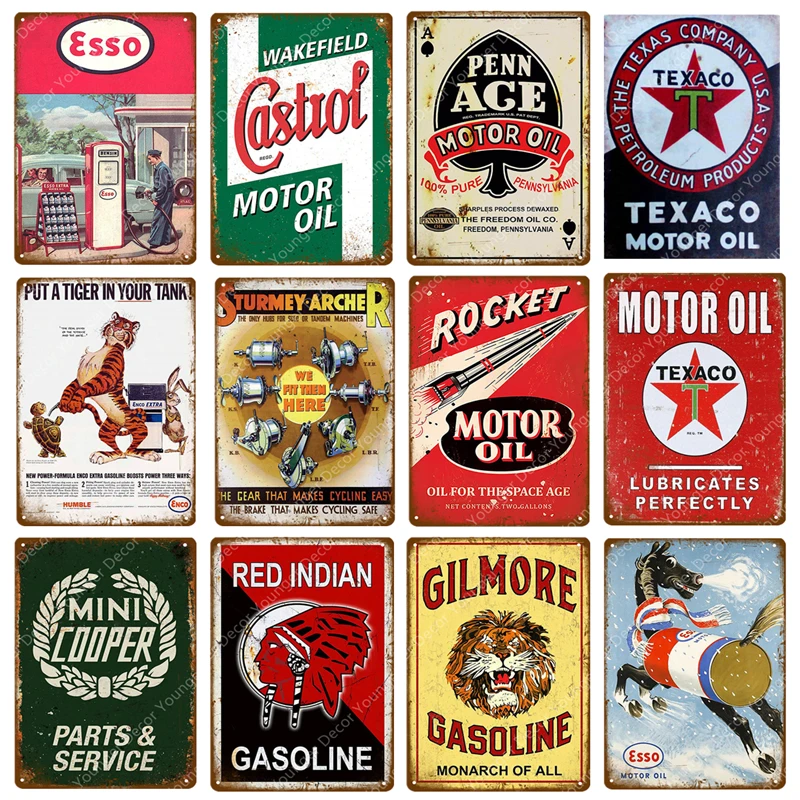 

Red Indian Gasoline Esso Castrol Texaco Rocket Motor Oil Metal Poster Vintage Plaque Pub Bar Garage Decor Retro Tin Sign