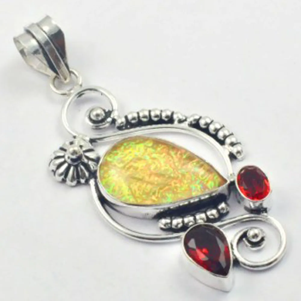 

Dichroic Glass & Garnets Pendant Silver Overlay over Copper , 73 mm, P5103