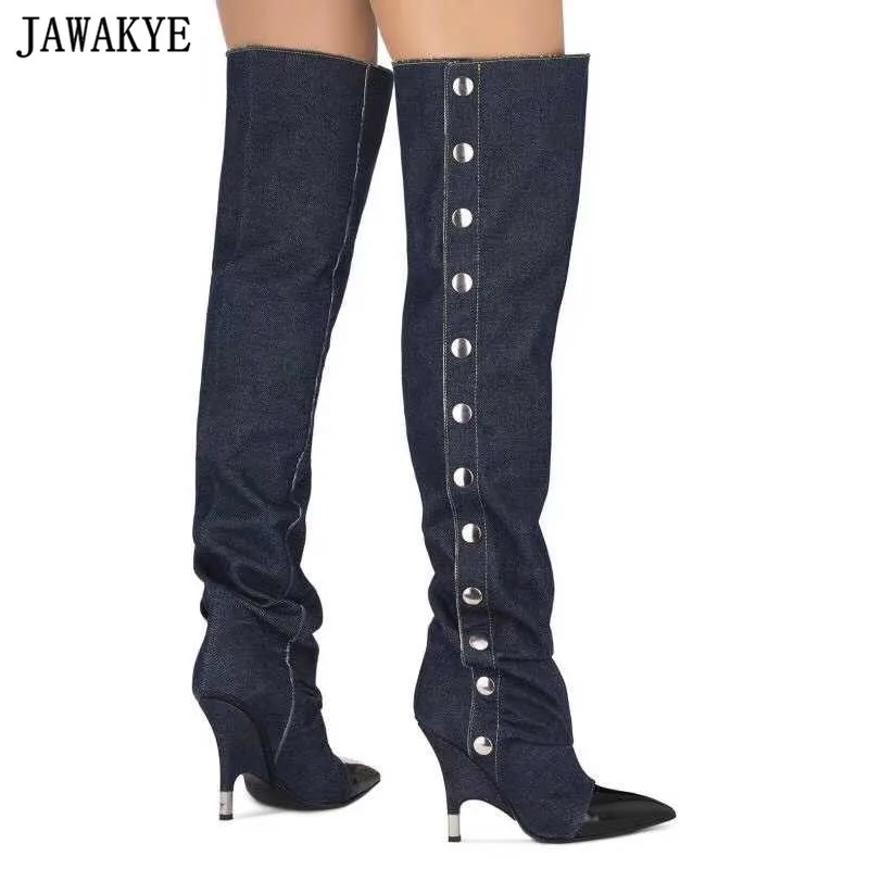 

Gladiator long Boots for women cowboy blue denim High Heels Pointed toe runway metal button rivets decor over the knee booties