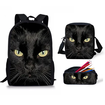 

Customized Black Cat Print 3Set Kid Schoolbag Travel Large Women Backpack Daily Men Mini Crossbady College Shoulder Bag School