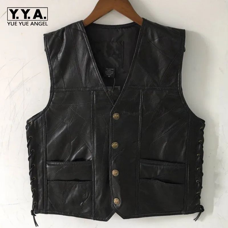 

Moto Biker Male Sleeveless V-Neck Single Breasted Leather Waistcoat Size Lacing Up Pocekts Plus Size S-4XL Mens Fashion Vests