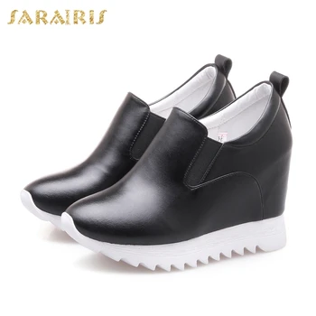 

SARAIRIS 2018 Large Size 32-40 Cow Leather Platform Woman Shoes Increasing Heels Elastic Band Vulcanize Shoes Woman