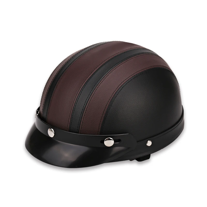 Scooter Helmet German Motorcycle Helmet Open Face Leather Half Helmet Brown