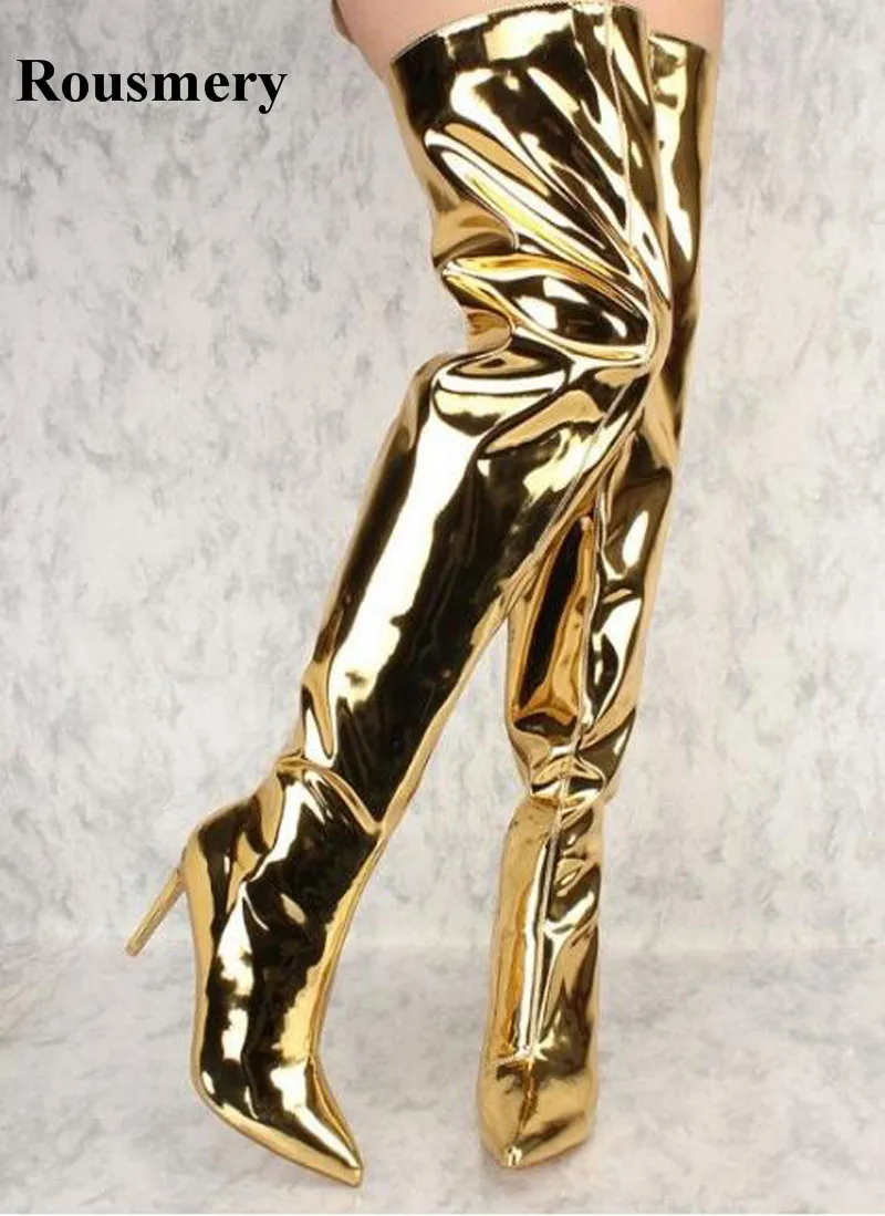 

Сапоги женские, лакированные, с острым носком, на тонком каблуке