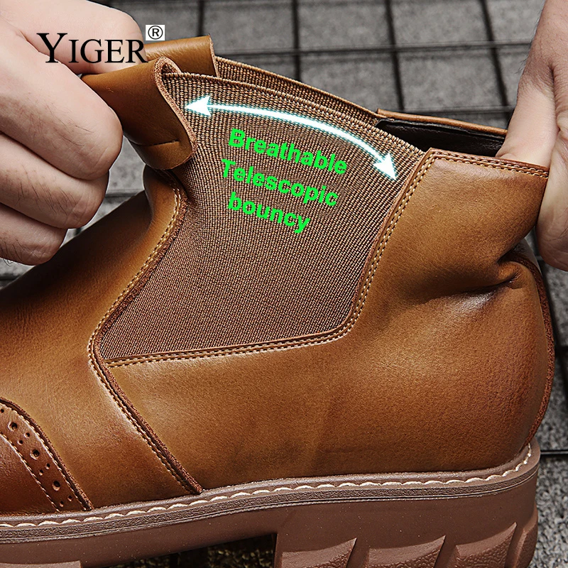 Мужские зимние ботинки челси YIGER черные теплые Мартинс из натуральной кожи без